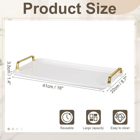uxcell Plastic Serving Tray with Golden Handle, 16 x 8.7 Modern Rectangular Decorative Tray Acrylic Reusable Tea Platter for Countertop Bathroom Kitchen Home Restaurant, White