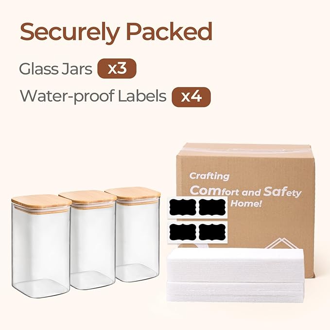 ComSaf 1.4 Qt Glass Storage Containers with Lids, Glass Jars with Lids, Clear Food Storage Jar, Square Canister Set of 3