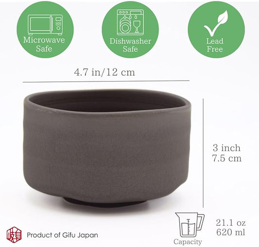 Ceramic Matcha Bowl – Handmade Chawan Matcha Bowl, Japanese Bowl, Charcoal Gray, 21.1 oz, 620ml Made in Japan