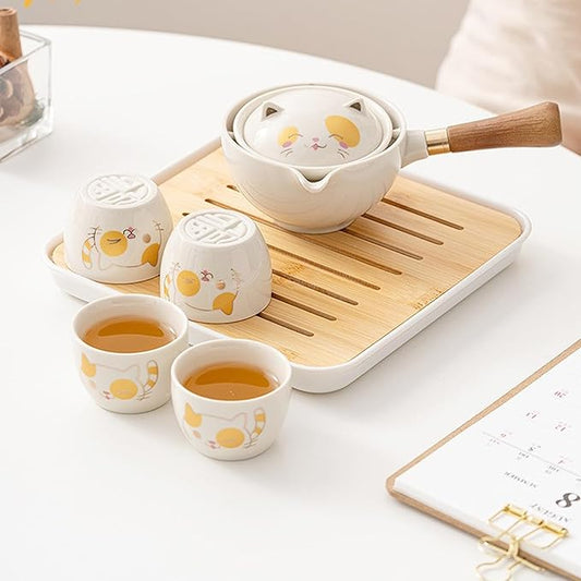 Youngky Porcelain Chinese Ceramic Gongfu Tea Set,Portable Travel Tea Set with 360 Rotation Tea maker and Infuser, All in One Gift Bag for Travel,Home,Gifting,and Office (Lucky Cat)