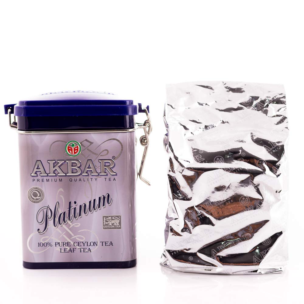 Akbar 100% Pure Ceylon Platinum Leaf Tea Tin (90g) - Premium Orange Pekoe OP1 Black Tea, Vegan, Mountain-Grown Loose Leaves