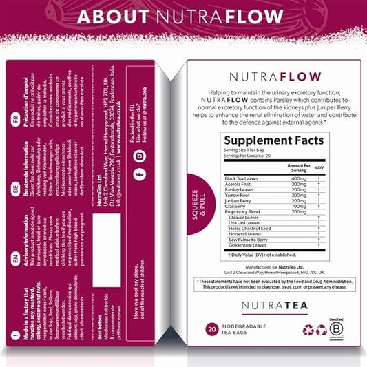 Nutraflow Herbal Tea Blend – Includes Horsetail, Yarrow & Goldenseal - Support Health Cleansing Process - 40 Enveloped Tea Bags - by Nutra Tea