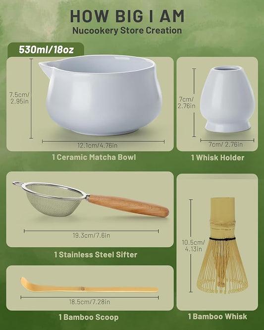 Nucookery Matcha Whisk Set - 5 Pcs Matcha Set with 18oz Ceramic Matcha Bowl (Chawan) with Spout, Bamboo Whisk & Holder, Scoop and Sifter