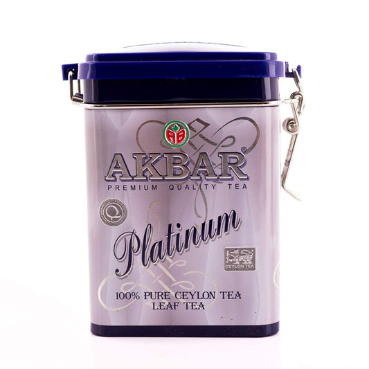 Akbar 100% Pure Ceylon Platinum Leaf Tea Tin (90g) - Premium Orange Pekoe OP1 Black Tea, Vegan, Mountain-Grown Loose Leaves