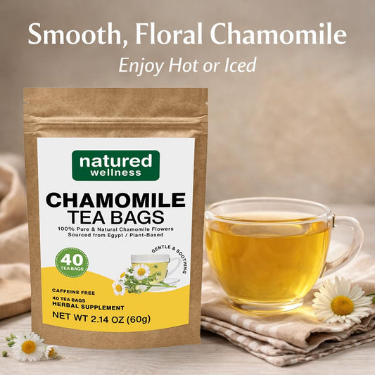Natured Wellness Chamomile Tea Bags (40 Count), Pure Chamomile Flower Herbal Tea, No Additives or Fillers, Non-GMO, Caffeine-Free, Enjoy Hot or Iced