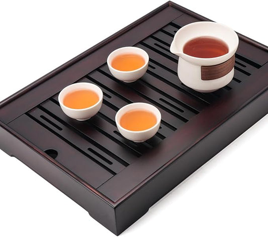 XL Size Bamboo Chinese Tea Tray - 15.6 x 10.9 inch Japanese Tea Serving Tray, Gongfu Tea Table Set with Reservoir Type Water Storage Box Kong Fu Tea Tray