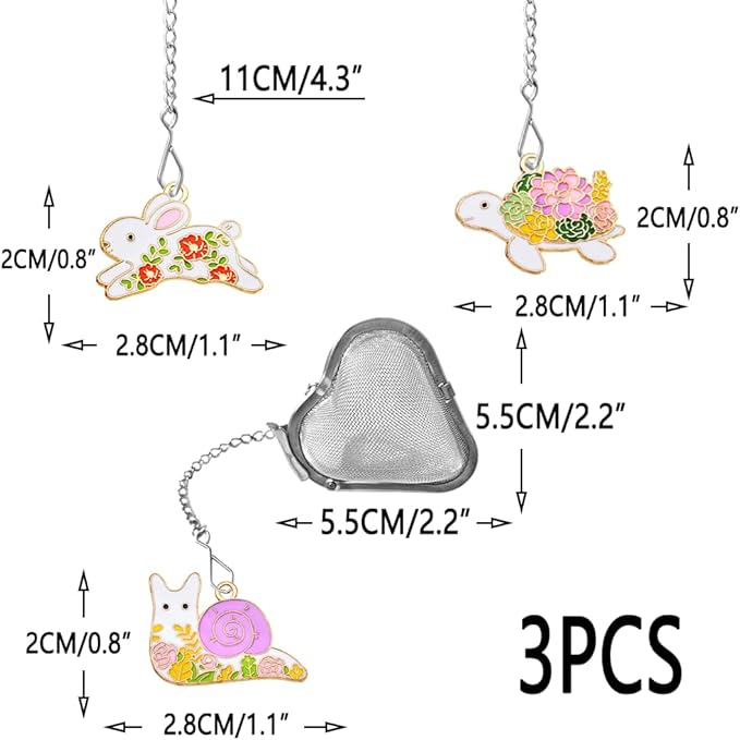 loose tea infuser Set, reusable tea steeper, Stainless steel Heart Shaped tea ball + Animal Pendant, tea filter strainer Makes Tea Brewing Fun (3, Turtle + Snail + Rabbit)