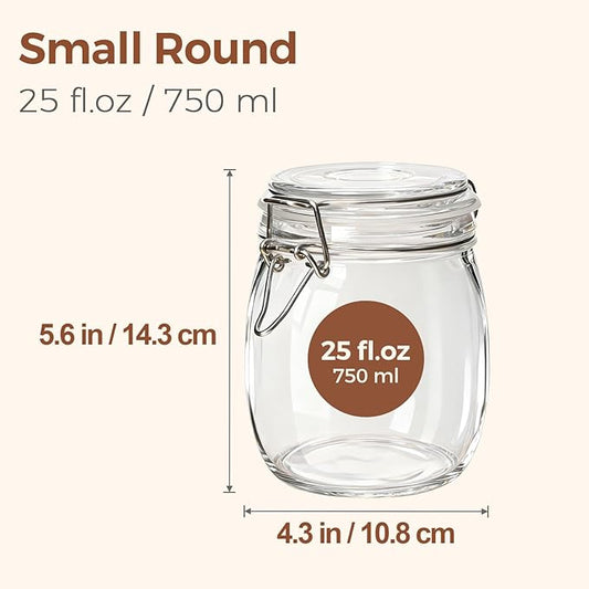 ComSaf 25oz Airtight Glass Canisters with Lids Set of 6, Round Food Storage Jar Container with Clamp Lids for Kitchen Canning Cereal Coffee Pasta Sugar Beans Spice, Clear Mason Jars with 12 Labels