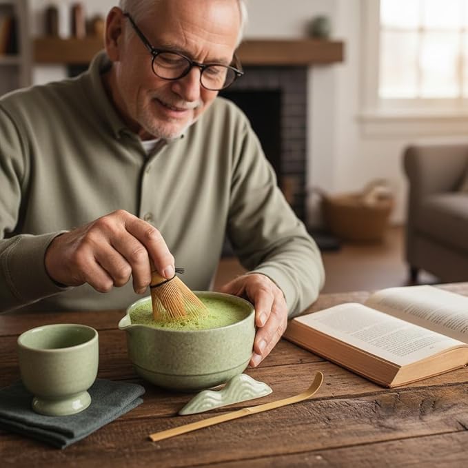 7Pcs Matcha Whisk Set,Ceramic Matcha Tea Set Includes Whisk Matcha Bowl Scoop and Whisk with Holder Sifter Towel,Elegant Matcha Kit Gift for Matcha Enthusiasts and Tea Lovers(Matcha Green)