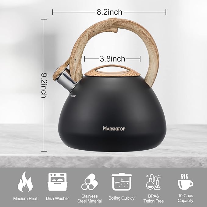 MARSKITOP Tea Kettle for Stove Top, Whistling Kettle Teapot for Stovetop, Food Grade Stainess Steel Teakettle with Cool Touch Ergonomic Handle, 2.6 Quart, Black