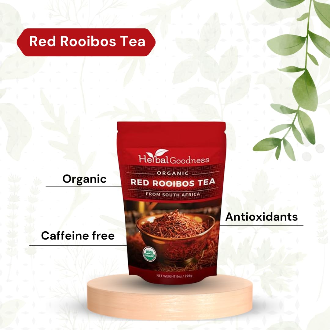 Organic Rooibos Tea from South Africa, 8oz Loose leaf, Herbal Goodness | Caffeine-Free Tea Rich in Antioxidants, Herbal, USDA Organic, Non-GMO, Premium Red Rooibos Leaves