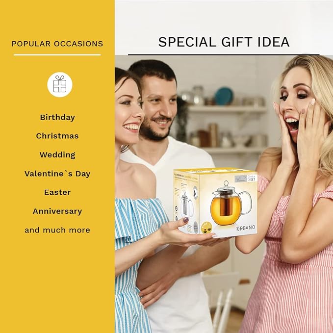 Creano Glass Teapot 44oz (1300ml) with removable stainless steel Tea Infuser - includes 2 Blooming Teas - Giftset - Tea Kettle and Tea Maker