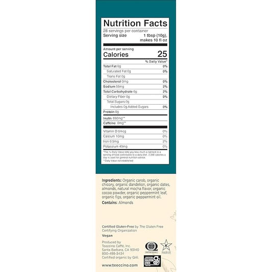 Teeccino Dandelion Mocha Mint Herbal Coffee - Caffeine-Free Coffee Alternative with Prebiotics, Gluten Free, Acid Free - Medium Roast, 10 oz, Pack of 3