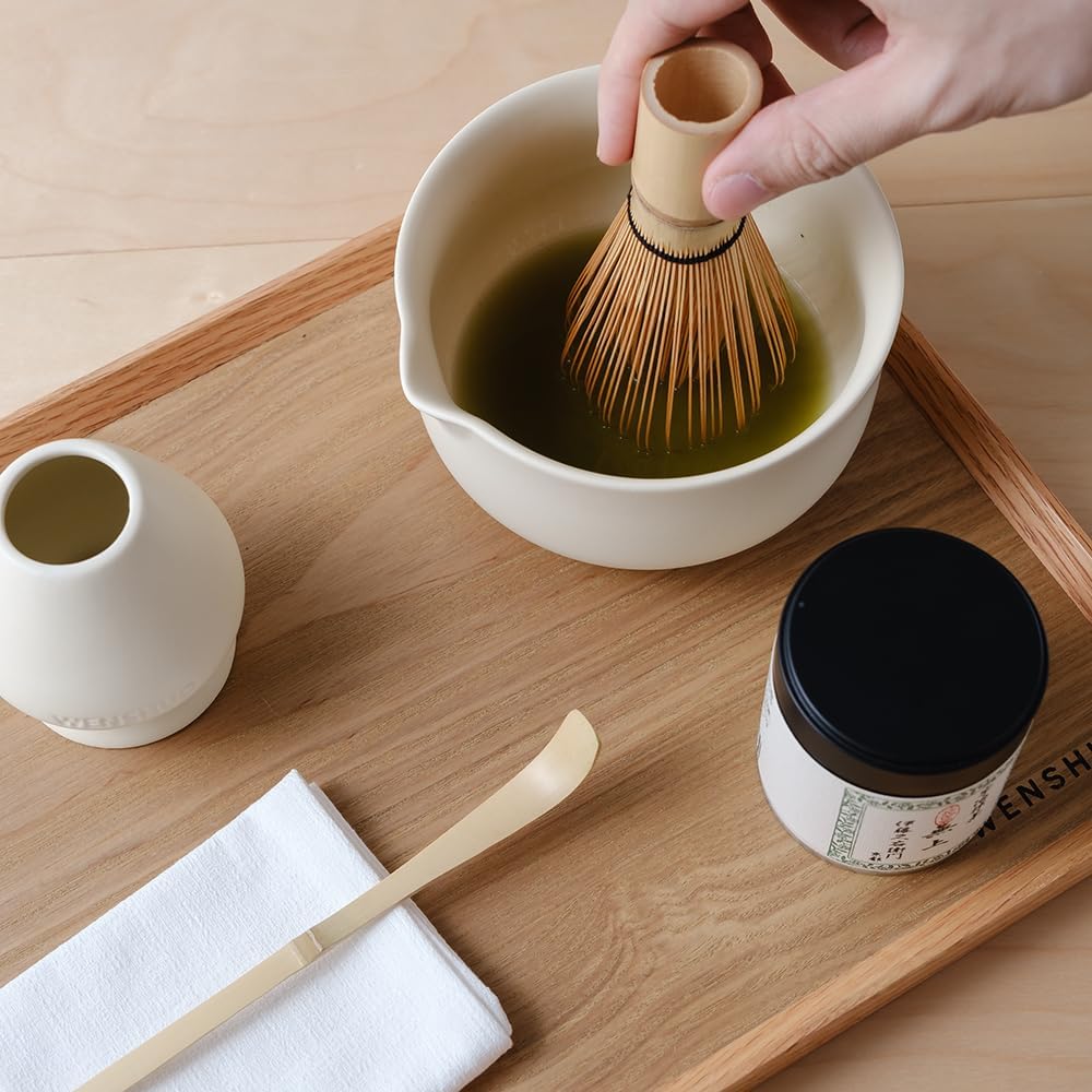 WENSHUO Matcha Whisk Set, Ceramic Matcha Bowl with Spout, Crème,5-Pc | Matcha kit includes 14 oz bowl, 100-prong bamboo whisk, holder, and scoop.Low walls and wide bowl make whisking easy