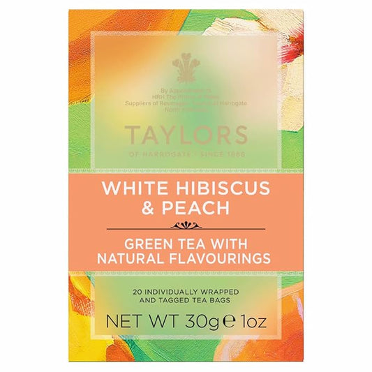 Taylors of Harrogate White Hibiscus & Peach, Green Tea Individually Wrapped Bags, 20 Count (Pack of 6), Delicate, Fruity and Sweet, Caffeinated