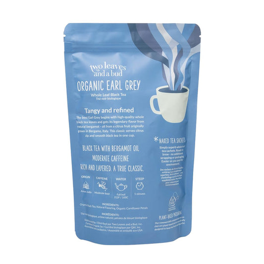 Two Leaves and a Bud Organic Earl Grey Naked Tea Sachets, 50 Ct (Pack of 1) | Whole Leaf Black Tea in Unwrapped Pyramid Sachets, Resealable Bag