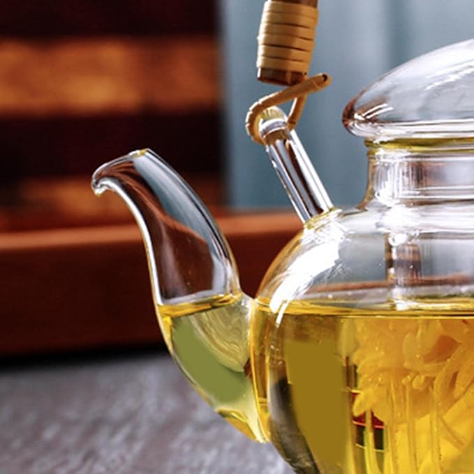 Glass Tea Pot with Infuser Wood Handle Carafe for Loose Leaf Beverage Milk