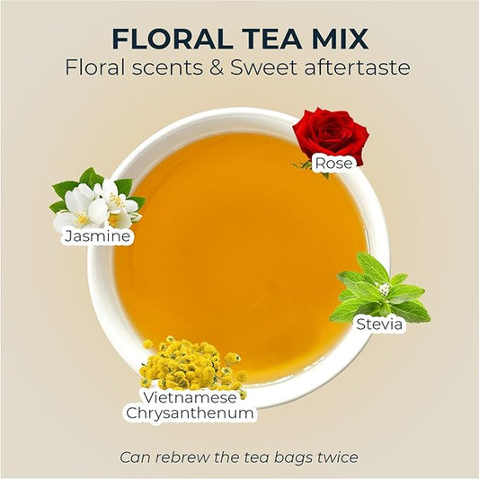 Rose Tea, Re-Steep Chrysanthemum, Jasmine & Stevia Herbal Tea - 55 Count (+5 Tea Bags) Bamboo Tong Included - 4.37 oz, Relax,Support, Up Mood, Appearance Detox
