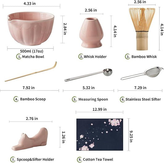 Matcha Whisk Set of 8 - Htrcxb Ceramic Matcha Set, Include Matcha Bowl, Matcha Whisk and Holder, Bamboo Scoop, Measuring Spoon, Scoop Rest