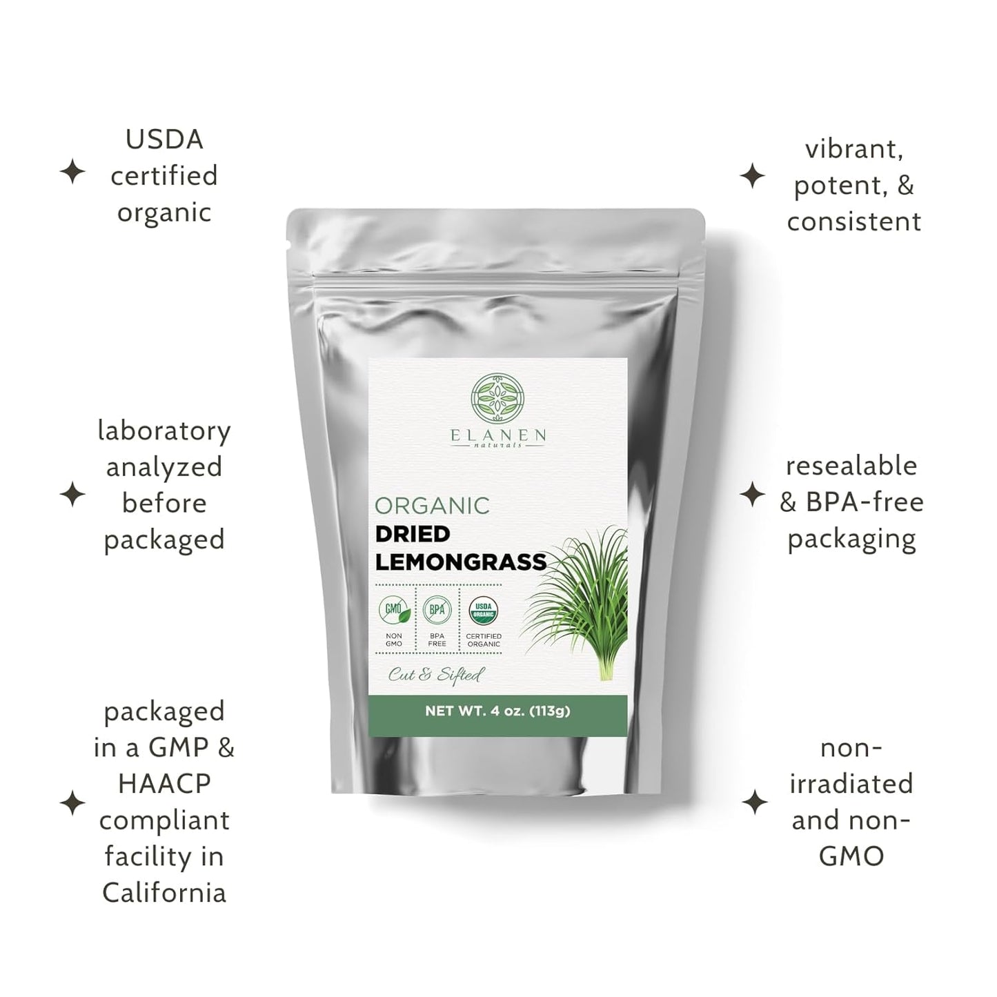 Elanen Naturals Organic Dried Lemongrass Tea 4 oz. (113g), USDA Certified Organic Lemon Grass Herb Leaf, Lemin Fever Grass, Te De Limon, Lemingrass Loose Leaves, Dried Lemongrass Bulk, Cut & Sifted