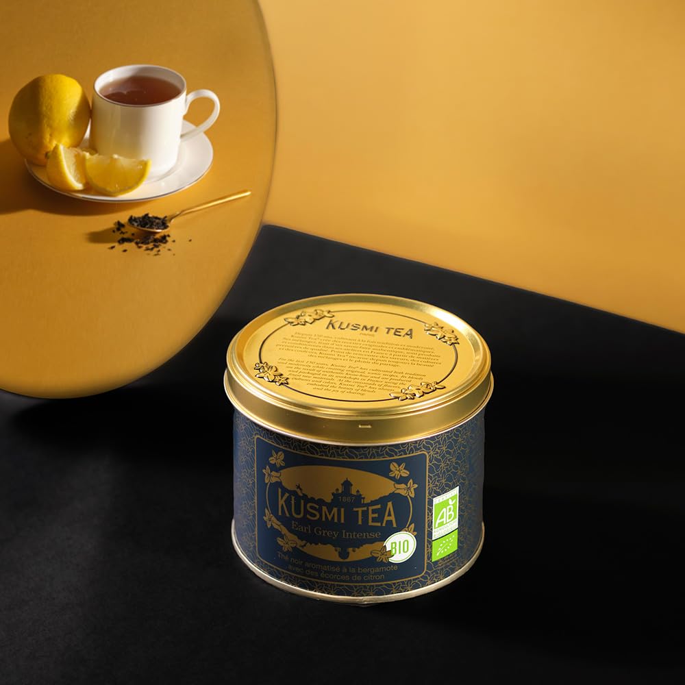Kusmi Tea - Earl Grey Intense - Organic Earl Grey Black Tea - Features Bolder Bergamot & Tangy Lemon - Strong, Robust, Caffeinated Tea - Loose Leaves - Tin Box of 3.5 oz