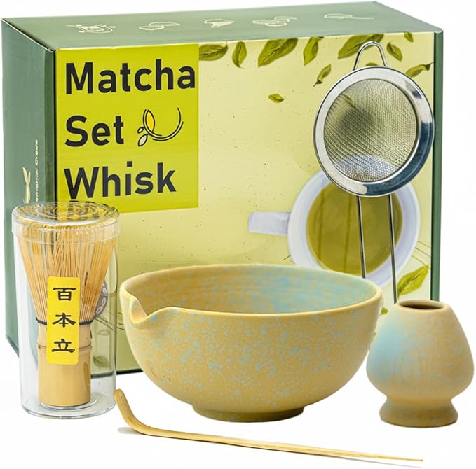 Matcha Whisk Set,Matcha Set,Matcha Kit,Matcha Bowl with Spout,Scoop,Sifter,Bamboo Whisk,Chasen Holde