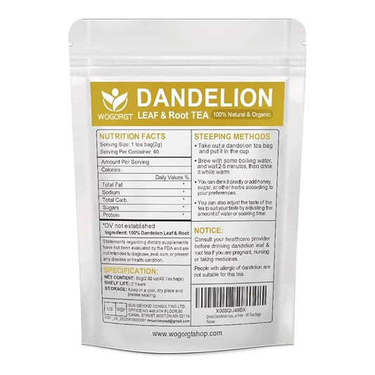 Dried Dandelion Leaf & Root Tea - Natural Dandelion Herbal Tea, Antioxidant, Digestion and Immune Support, Caffeine Free - 40 Tea Bags