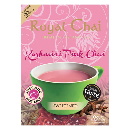 Royal Chai | Kashmiri Pink Chai Sweetened | 10 Count Single Box | All Natural, No Preservatives | Premium Instant Tea | Made in the UK