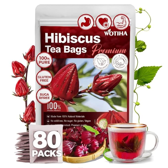 WOTIHA-Natural Hibiscus Tea Bags 120g. 80 Herbal Tea Bags Tea with Antioxidant Properties, Non-GMO • Additive-Free • Caffeine-Free,Vegan