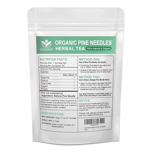 Organic Dried Pine Needle Tea Bags - Pine Needle Herbal Tea for Immune Support & Antioxidant, Caffeine Free, Natural Suramin, 30 Tea bags