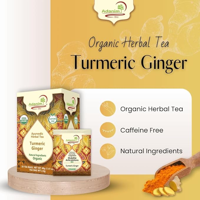 Adanim Bio Turmeric Ginger Herbal Tea 20 Individually Wrapped Tea Bags Organic Caffeine Free Herbal Infusion with Turmeric Ginger USDA Organic
