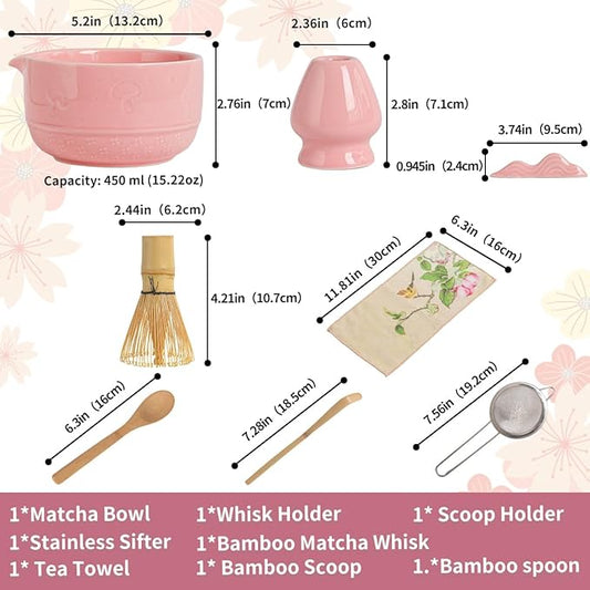 Matcha Set, 8-Piece Ceramic Matcha Bowl & Whisk Kit with Mushroom Pattern, Traditional Japanese Chawan, Bamboo Chasen, Scoop & Sifter