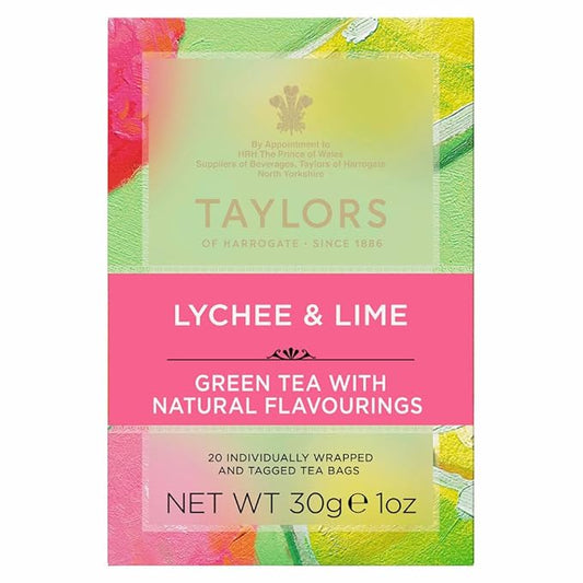 Taylors of Harrogate Lychee & Lime, Green Tea, Individually Wrapped Bags, 20 Count (Pack of 1), Uplifting, Zesty and Lively, Caffeinated, Enjoy Hot or Iced, 20 Teabags