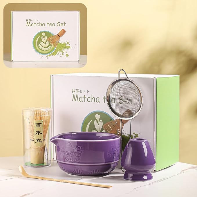 Matcha Tea Set, 5-Piece Ceramic Matcha Bowl & Whisk Kit with Cute Cat Pattern, Traditional Japanese
