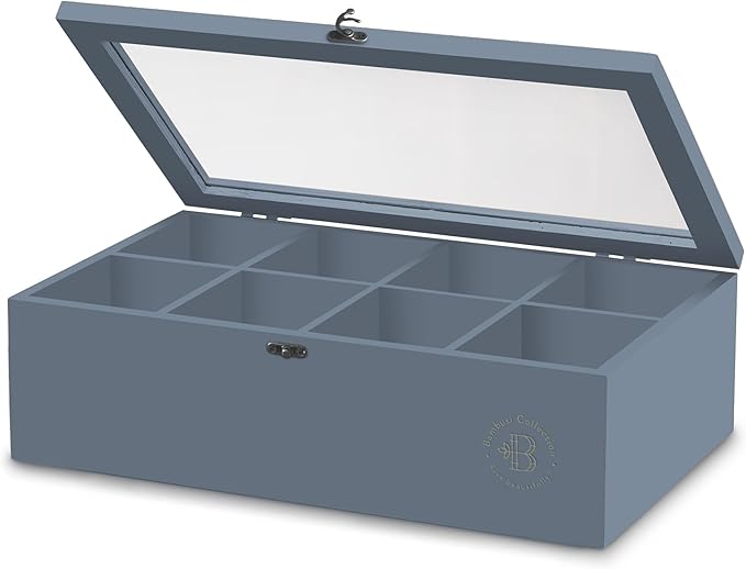 Tea Bag Organizer - Grey Bamboo Tea Box Organizer Storage Box, Tea Bag Holder with Acrylic Window, Magnetic Lid Keeps Tea Bags Fresh
