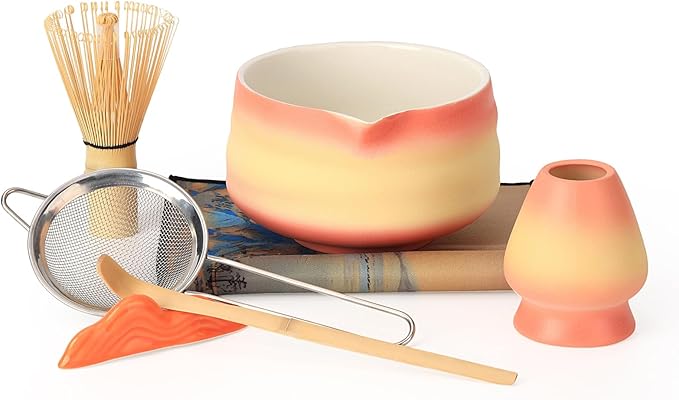 Matcha Bowl and Whisk Set - 7-Piece Kit Bamboo Matcha Whisk (Chasen), Ceramic Chawan, Sifter & Holde