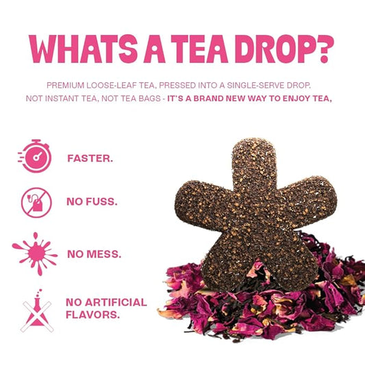 Tea Drops Rose Earl Grey Tea With Organic Rose Petals | Organic Bagless Loose Leaf | Prebiotic, Nutrient Rich Caffeinated | Iced or Hot | 2 Pack - 20 Drops Total