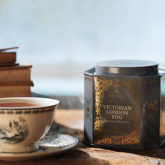 Harney & Sons Victorian London Fog Tea, 30 Sachets in Tin | Black and oolong teas with bergamot, vanilla, citrus and lav