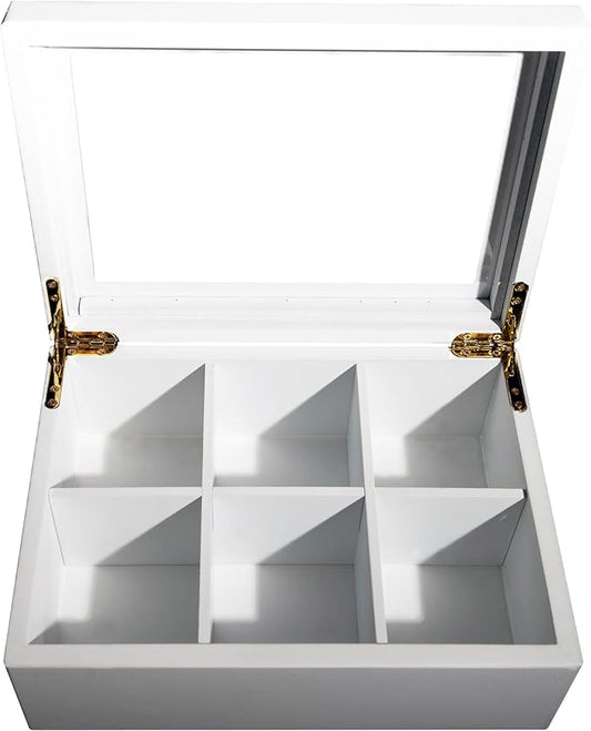 Break Tradition Wooden Tea Organizer For Tea Bags - Wooden Tea Chest With 6 Compartments - Clear Top Window - Lid Stays Open (White)