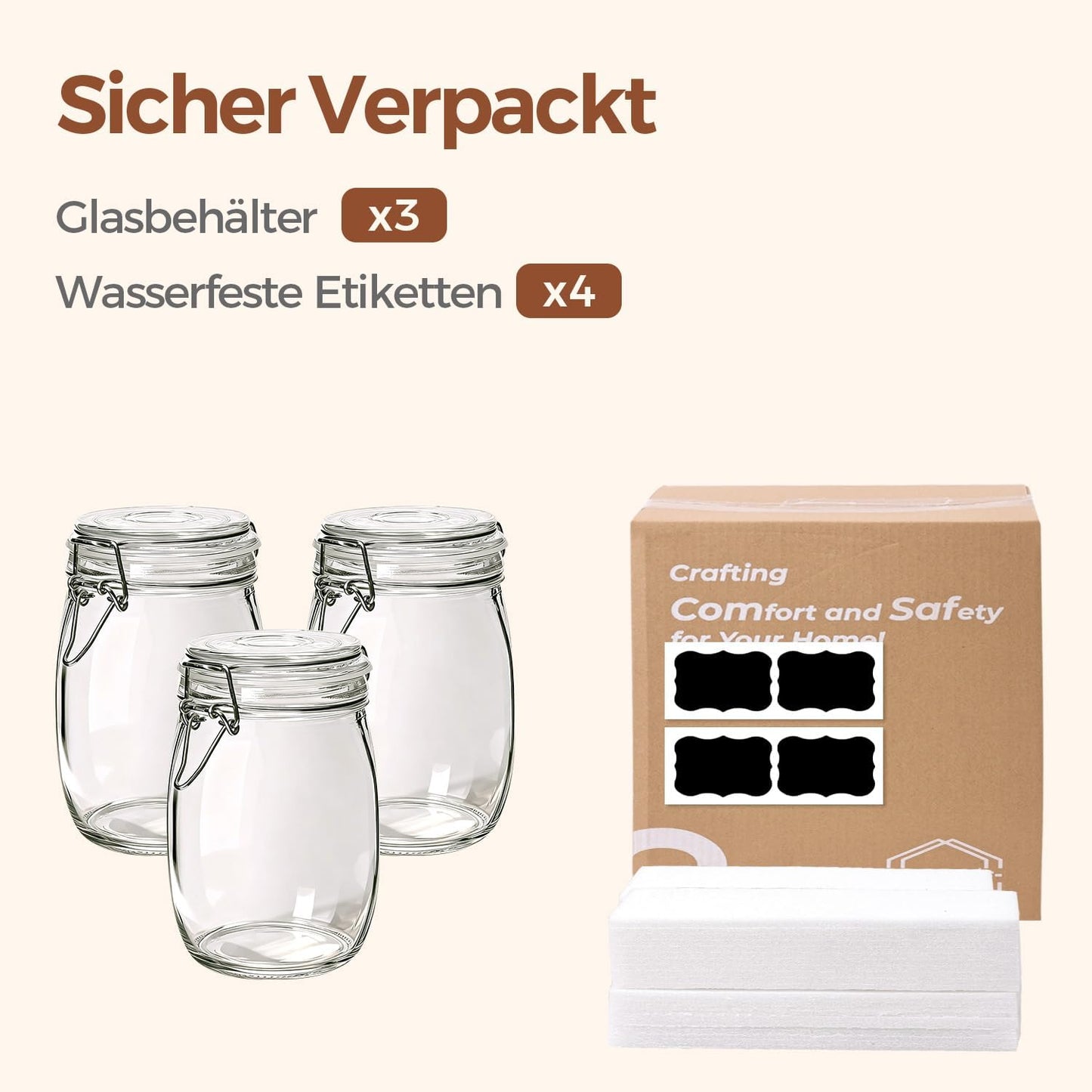 ComSaf Glass Jars with Airtight Lids 34oz 3 Pack Pantry Storage Coffee | BPA-free food-grade glass, wire clamp seal, whole-bag pantry storage, coffee & tea, rice & seeds, candy & cookie