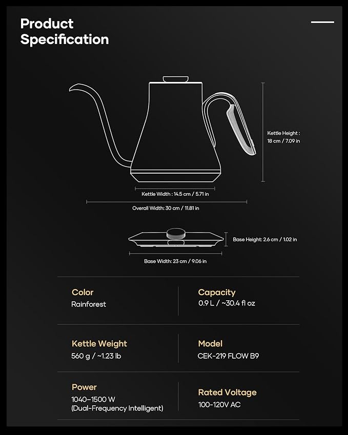 Cocinare FLOW B9 Gooseneck Electric Kettle, Precise Temperature Control for Pour-Over Coffee & Tea Brewing, Stainless Steel Interior, Rapid Heating for Boiling Water 0.9L (Rainforest)