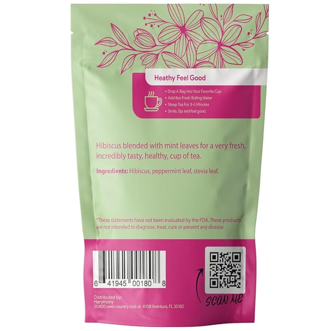 Hibiscus Mint Herbal Tea – 30 Tea Bags – Caffeine-Free, Antioxidant-Rich Botanical Blend for Wellness & Daily Comfort – Refreshing Herbal Infusion