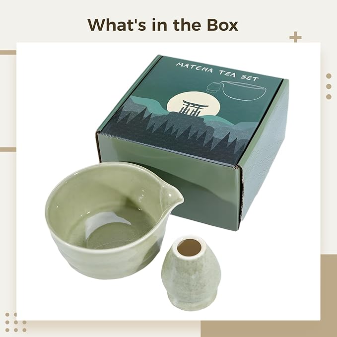 Matcha Bowl and Whisk Set with Holder, 450 ml Ceramic Chawan Matcha Bowl with Spout, Microwave and Dishwasher Safe, Green Glaze Matcha Bowl Set in Gift Box for Tea Lovers