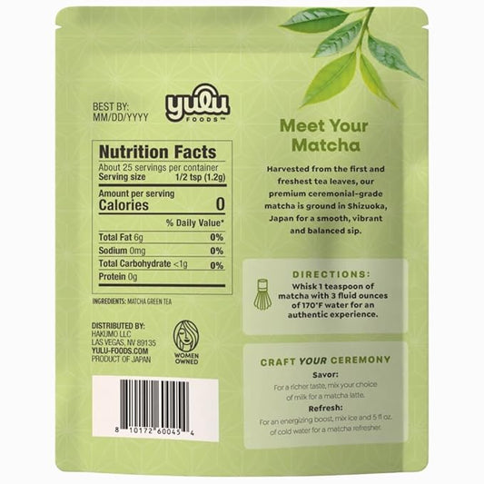 YULU FOODS Ceremonial Blend Matcha Powder (1.06 oz / 30 g) | First-Harvest Japanese Green Tea for Traditional Whisking or Café Lattes | Vibrant Green | Premium Barista Grade
