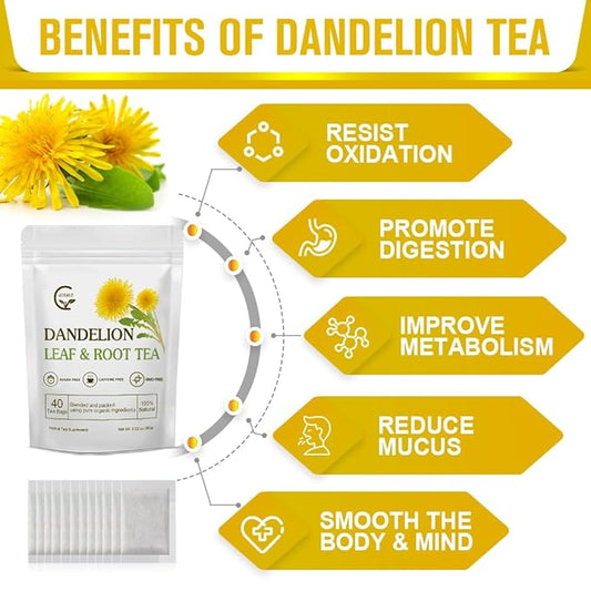 Organic Dandelion Leaf & Root Tea, Supports Kidney Function and Healthy Digestion, Caffeine Free, 40 Tea Bags
