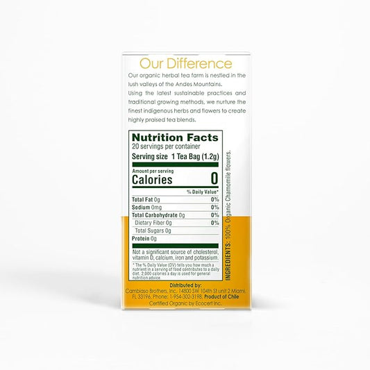 Garden of the Andes - Organic Chamomile Tea - 20 Tea Bags/Box, Pack of 6 (120 Count) - Caffeine-Free Herbal Infusion from Handpicked Flowers - Supports Digestive Comfort and Promotes Relaxation