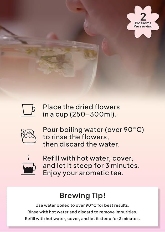 Korean Food, Original Cherry Blossom Flower Tea, Decaf Floral Blend, Fully Natural Flowers, No Caffeine, Sugar Free, Zero Calories, Made in Korea, 10g