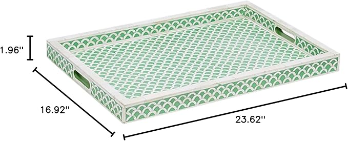 Handmade Resin Tray Bone Inlay Rectangle Serving Tray Geometrical Pattern Fancy and Decorative Serving Platter with Handle for Snacks, Tea, Coffee Table, Dining (Green)