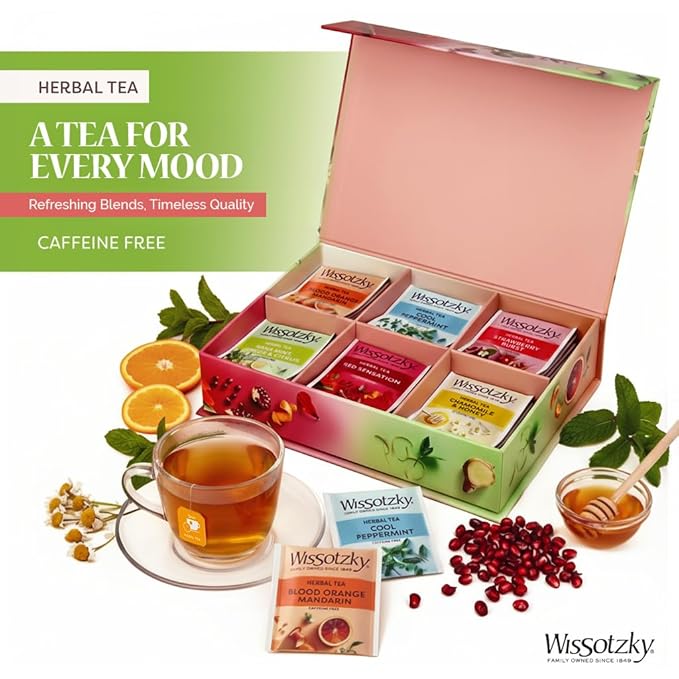 Wissotzky Herbal Tea Variety Pack Sampler (42 Tea Bags) in a Premium Reusable Gift Box | Caffeine-Free | 6 Exciting Flavors | Individually Wrapped Tea Bags | Ideal Present for Thanksgiving, Holiday & Corporate Gifting | Magnetic Closure Box | Kosher
