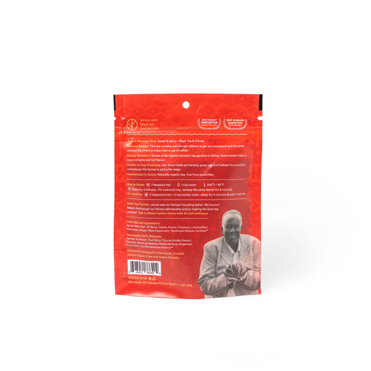 JusTea AFRICAN CHAI Loose Leaf Black Tea, 40+ Cups Pouch, 3/5 Caffeine | Fair-Trade AFRICAN CHAI Loose Leaf Black Tea. 100g/3.5oz Resealable Pouch. Steeps 40+ cups. 3/5 Caffeine. Organic.